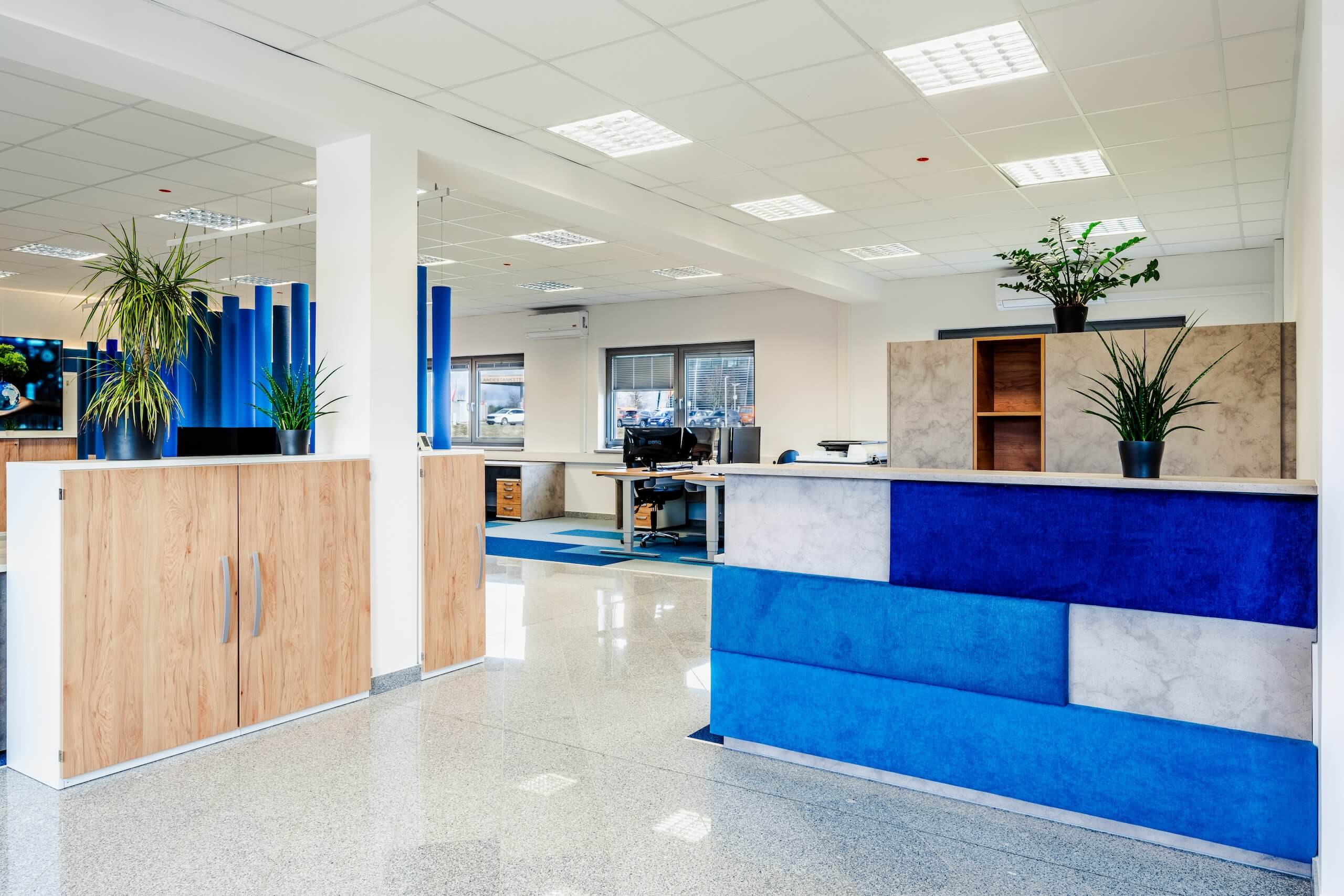 Modernes Büro mit hellen Holzmöbeln, blauen Akzenten und Pflanzen sorgt für eine einladende Arbeitsatmosphäre.