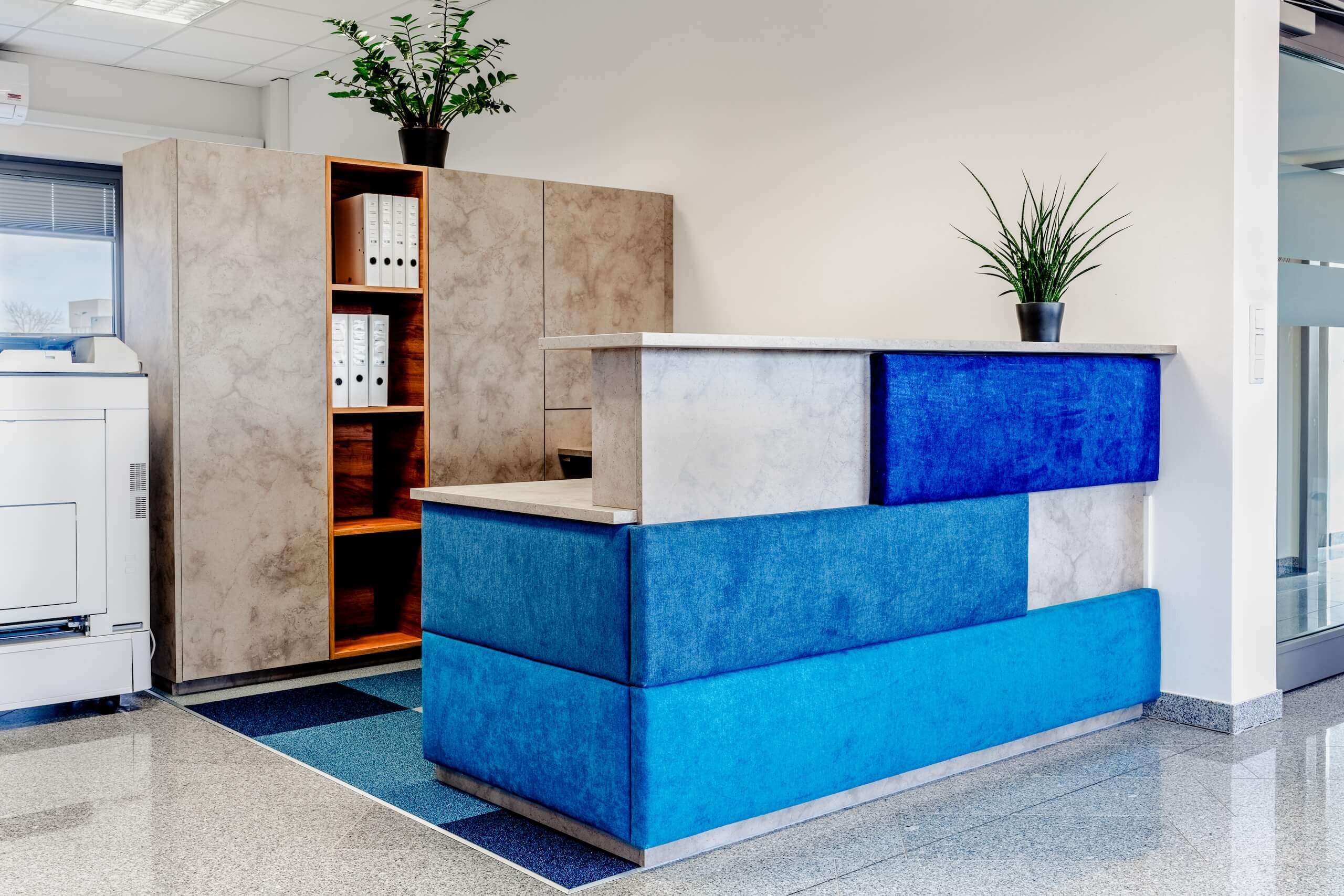 Moderner Empfangsbereich mit blauen Designelementen, Pflanzen und Schränken, ideal für Büros oder Praxen.