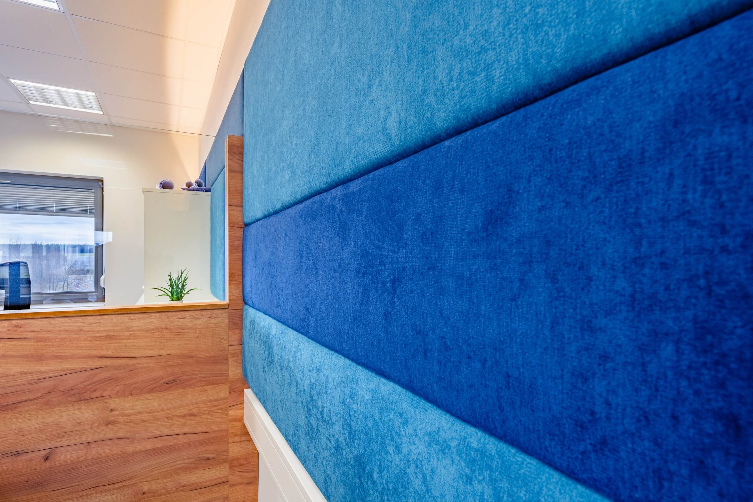 Moderne Büroeinrichtung mit blauer Akustikwand und Holzdetails für stilvolles und ruhiges Arbeitsumfeld.