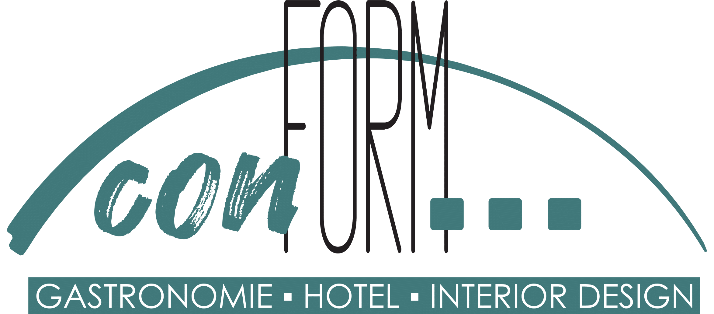 Logo von conFORM für Gastronomie, Hotel und Interior Design in blau-schwarzer Schrift mit stilisiertem Bogen.